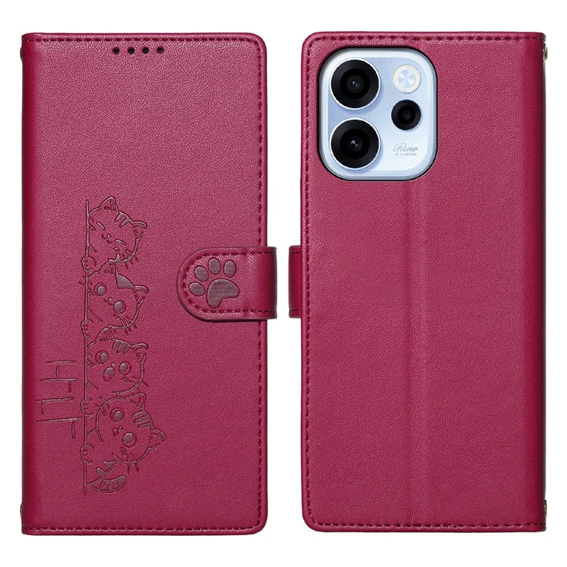 For Oppo Reno15 F 5G Case Adorable Cat Pattern PU Leather Wallet Phone Cover with Wrist Strap - Rose