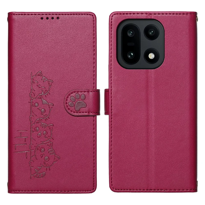 For OnePlus 15 5G Case Adorable Cat Pattern PU Leather Wallet Phone Cover with Wrist Strap - Rose