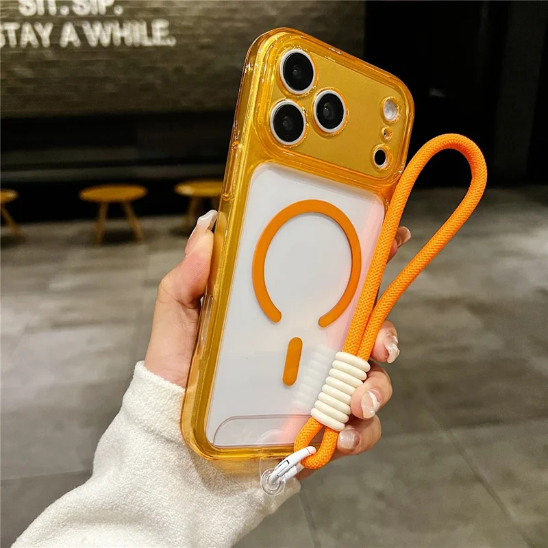 För iPhone 17 Pro Magnetisk Skal PC + TPU Transparent Telefonhölje med Handlager - Orange