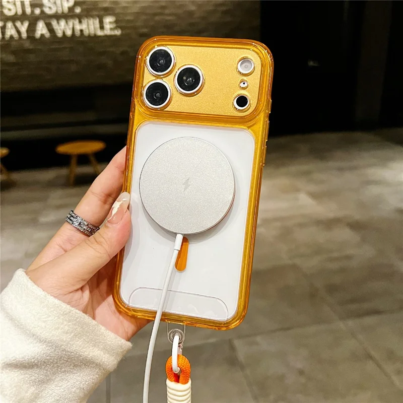 För iPhone 17 Pro Max Magnetisk Hörskal från hård PC och mjuk TPU Transparent Telefonhölje med Handlina - Orange