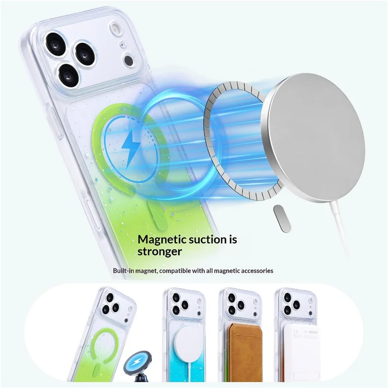 För iPhone 17 Pro Magnetisk Skåll Stjärnklar Glitter PC + TPU Hållfast Transparent Telefonhölje - Grön