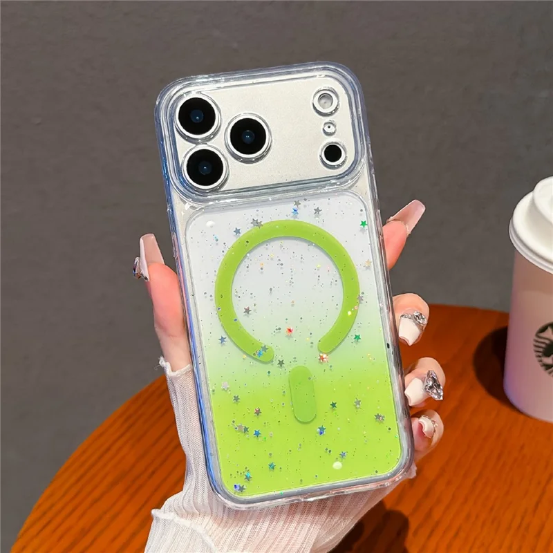 För iPhone 17 Pro Magnetisk Skåll Stjärnklar Glitter PC + TPU Hållfast Transparent Telefonhölje - Grön