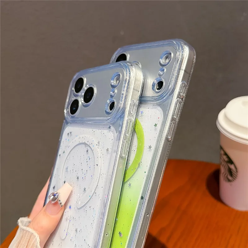 För iPhone 17 Pro Magnetisk Skåll Stjärnklar Glitter PC + TPU Hållfast Transparent Telefonhölje - Grön