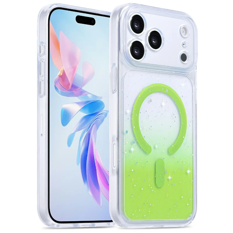 För iPhone 17 Pro Max Magnetisk Skal Stjärnljus Glitter PC + TPU Hållfast Transparent Telefonhölje - Grön