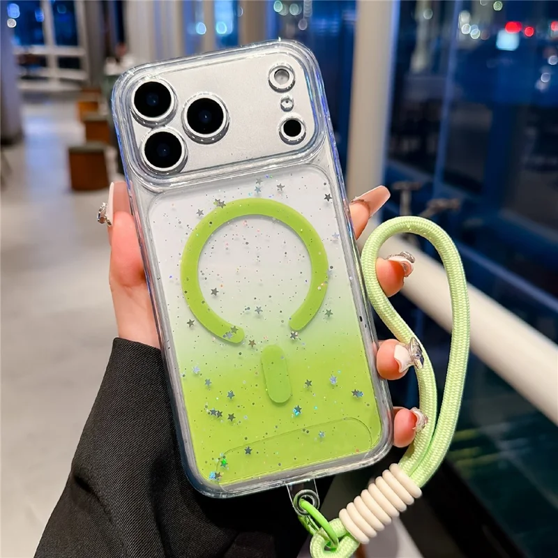 För iPhone 17 Pro Magnetisk Skal Stjärnklar Glitter PC + TPU Chocksäker Telefonhölje med Handloksband - Grön