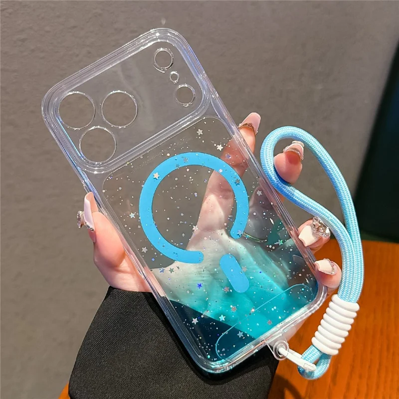 För iPhone 17 Pro Magnetisk Skal Stjärnklar Glitter PC + TPU Chocksäker Telefonhölje med Handloksband - Grön