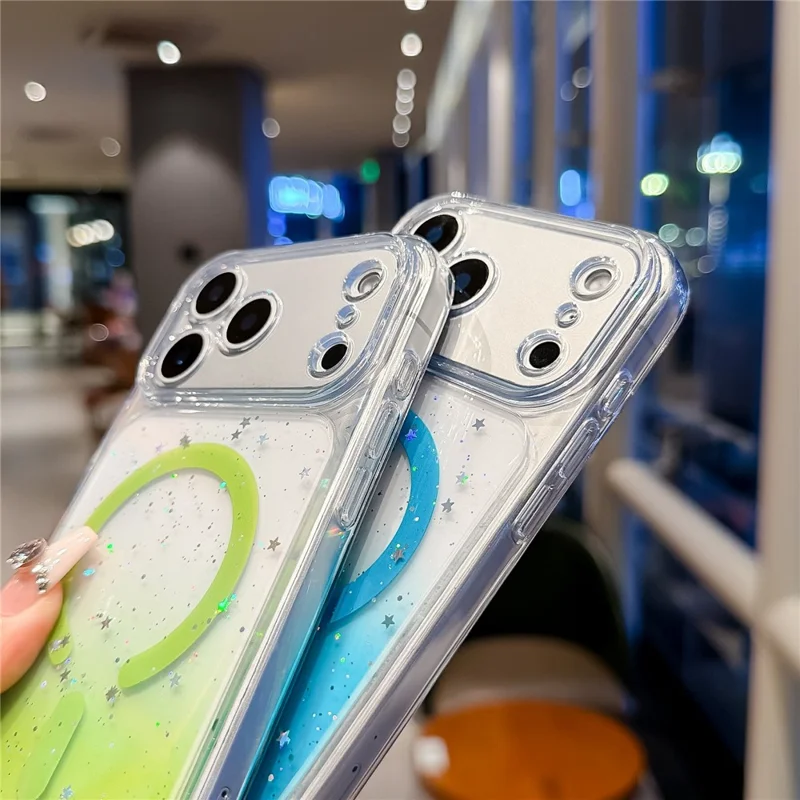 För iPhone 17 Pro Magnetisk Skal Stjärnklar Glitter PC + TPU Chocksäker Telefonhölje med Handloksband - Grön