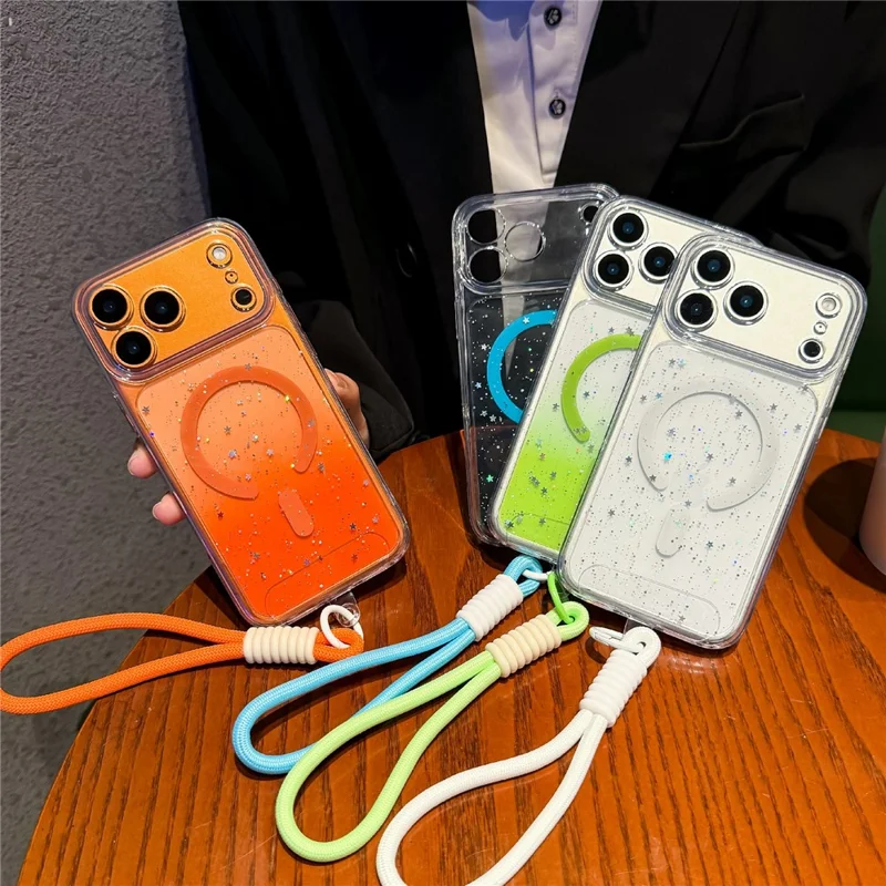 För iPhone 17 Pro Magnetisk Skal Stjärnklar Glitter PC + TPU Chocksäker Telefonhölje med Handloksband - Grön