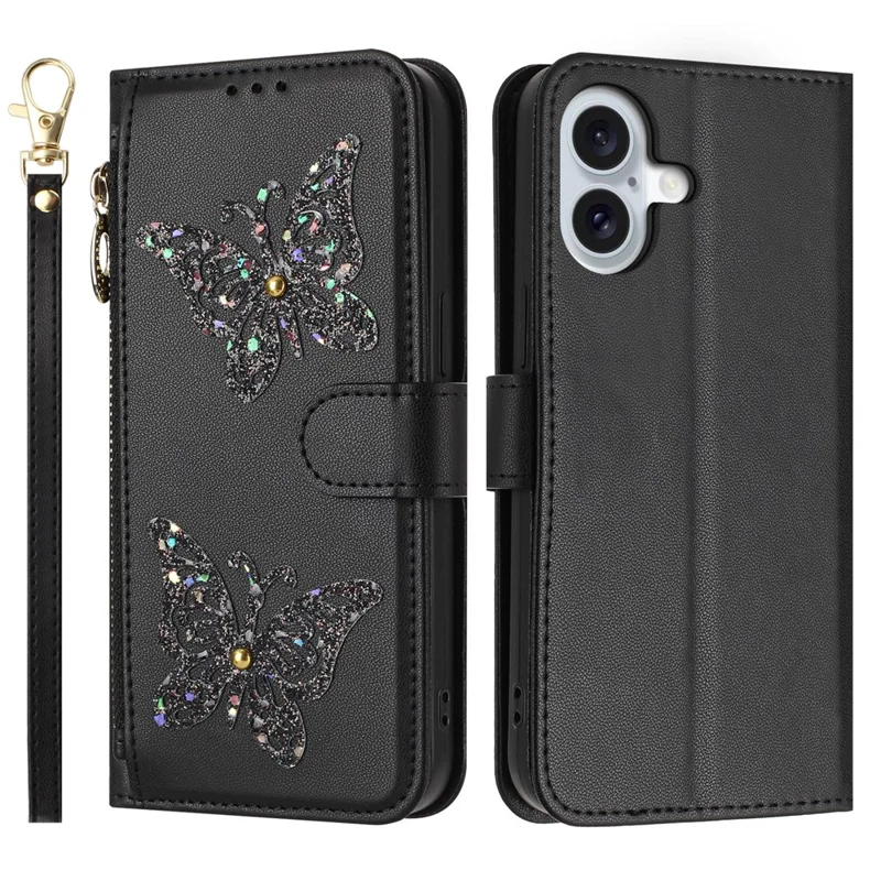 For iPhone 17 Case Glitter Butterfly Zipper Pocket Stand Leather Phone Cover with Hand Strap  /  Shoulder Strap - Sort