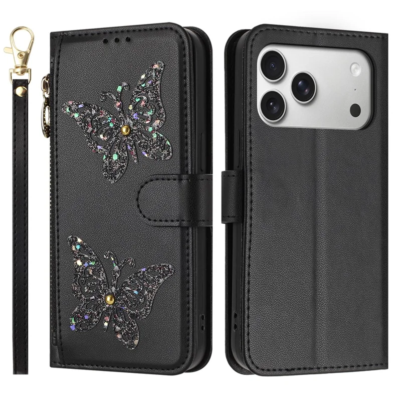 För iPhone 17 Pro-fodral Glittrande fjäril Ficka med blixtlås Ställfunktion Läderhölje med handslinga / överlässeträger - Svart
