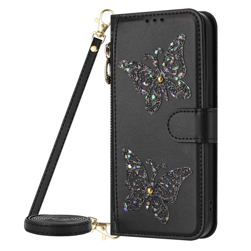 För iPhone 17 Pro-fodral Glittrande fjäril Ficka med blixtlås Ställfunktion Läderhölje med handslinga / överlässeträger - Svart
