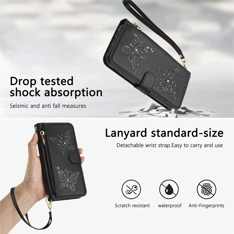 För iPhone 17 Pro-fodral Glittrande fjäril Ficka med blixtlås Ställfunktion Läderhölje med handslinga / överlässeträger - Svart