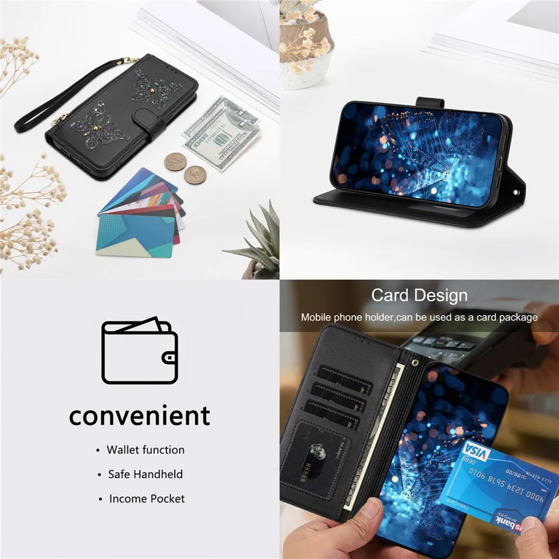 För iPhone 17 Pro-fodral Glittrande fjäril Ficka med blixtlås Ställfunktion Läderhölje med handslinga / överlässeträger - Svart