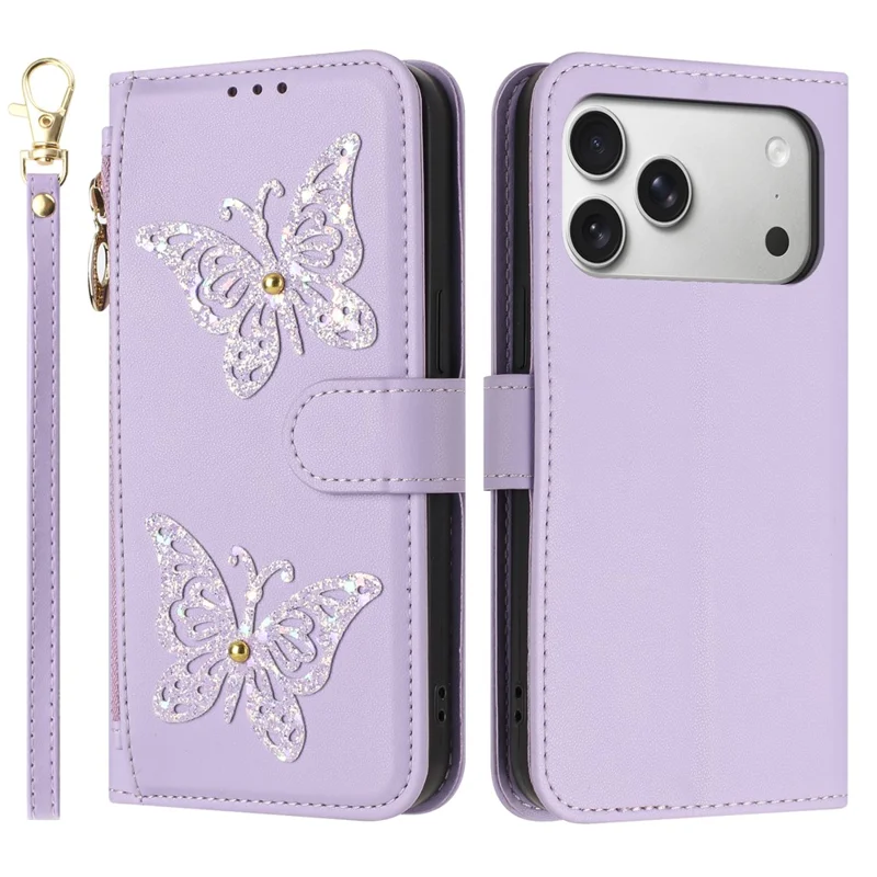 För iPhone 17 Pro Max-fodral Glittrande fjärilsficka med blixtlås Stålfodral av läder med handslinga/axellikbana - Ljuslila