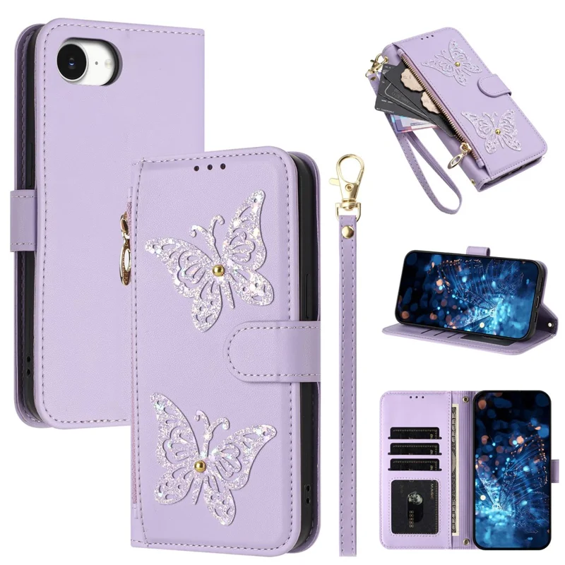 Funda para iPhone 17e / 16e con Diseño de Mariposa Brillante, Bolsillo con Cremallera, Soporte y Cuero de PU, con Correa de Mano / Correa de Hombro