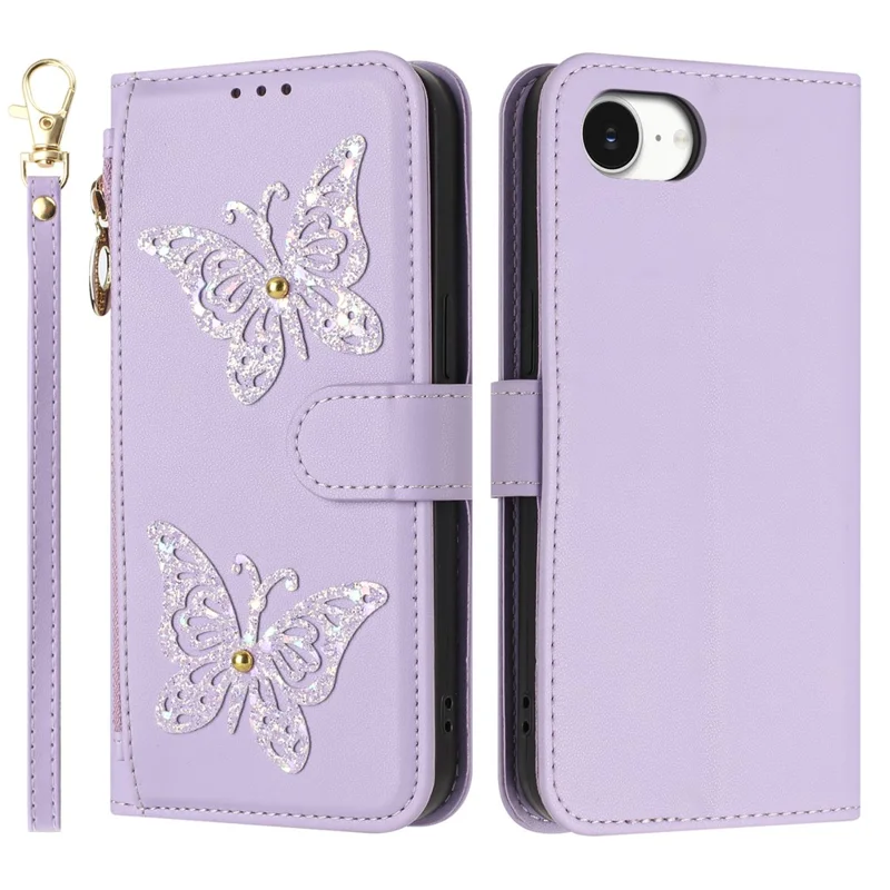 Funda para iPhone 17e / 16e con Diseño de Mariposa Brillante, Bolsillo con Cremallera, Soporte y Cuero de PU, con Correa de Mano / Correa de Hombro