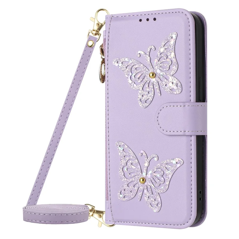 Funda para iPhone 17e / 16e con Diseño de Mariposa Brillante, Bolsillo con Cremallera, Soporte y Cuero de PU, con Correa de Mano / Correa de Hombro