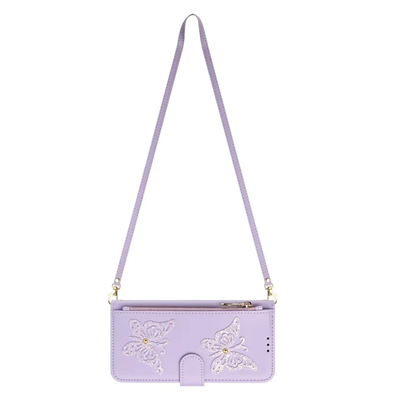Funda para iPhone 17e / 16e con Diseño de Mariposa Brillante, Bolsillo con Cremallera, Soporte y Cuero de PU, con Correa de Mano / Correa de Hombro