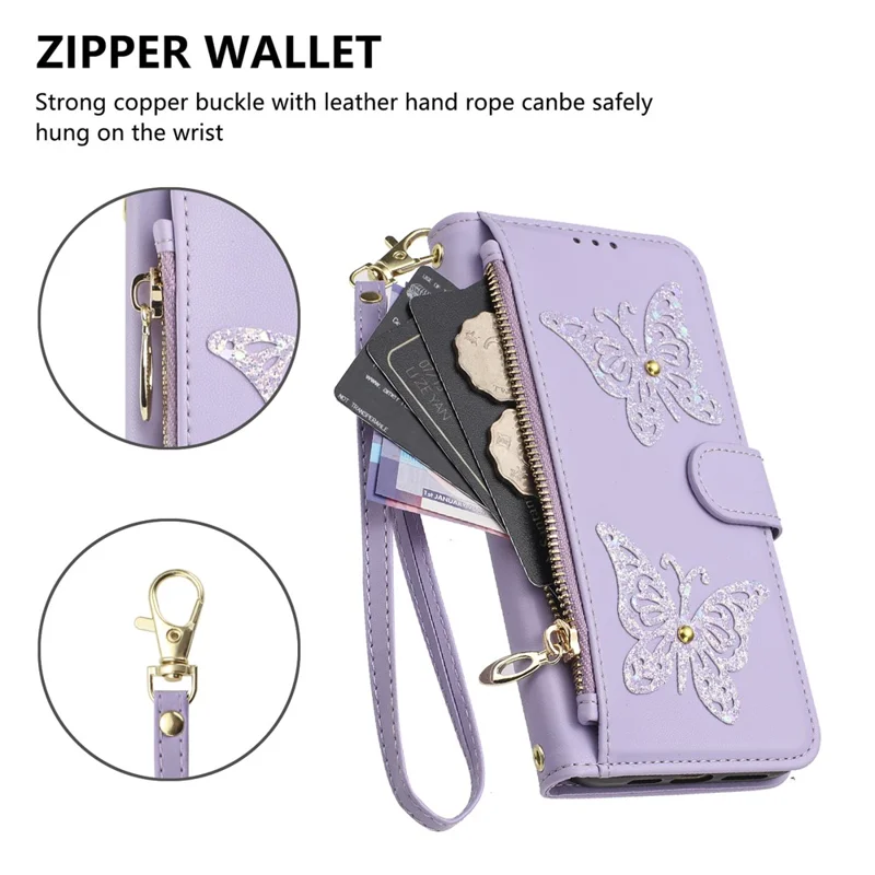 Funda para iPhone 17e / 16e con Diseño de Mariposa Brillante, Bolsillo con Cremallera, Soporte y Cuero de PU, con Correa de Mano / Correa de Hombro