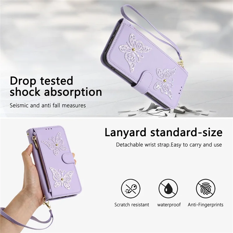 Funda para iPhone 17e / 16e con Diseño de Mariposa Brillante, Bolsillo con Cremallera, Soporte y Cuero de PU, con Correa de Mano / Correa de Hombro