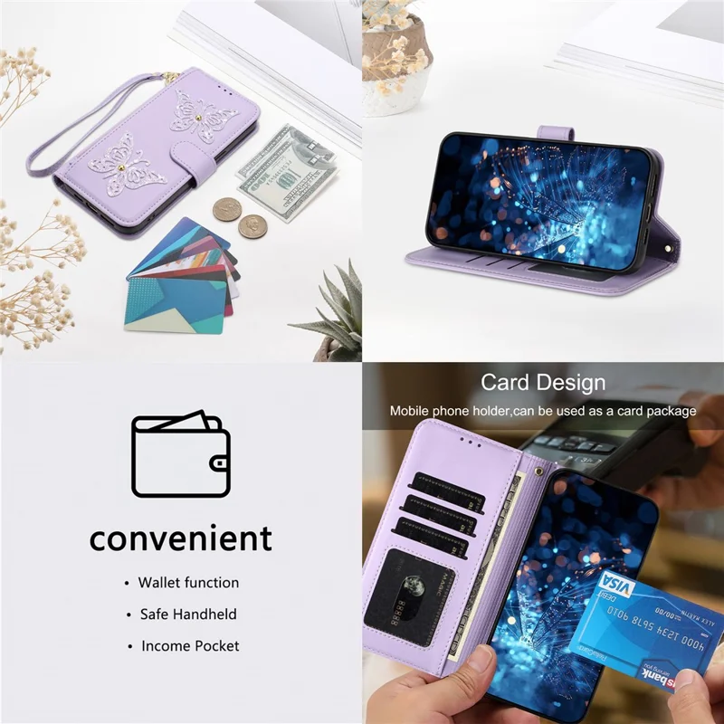 Funda para iPhone 17e / 16e con Diseño de Mariposa Brillante, Bolsillo con Cremallera, Soporte y Cuero de PU, con Correa de Mano / Correa de Hombro