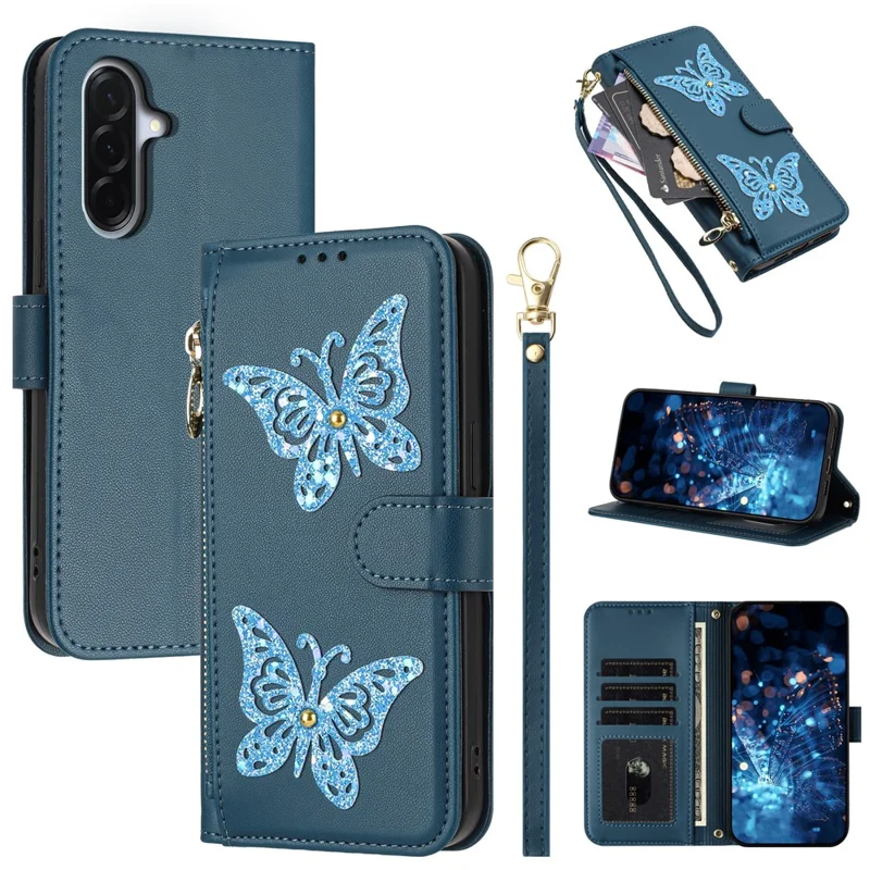 Capa para Samsung Galaxy A17 4G / A17 5G com Borboleta Brilhante, Bolso com Zíper, Suporte, Capa em Couro para Telemóvel com Alça de Mão / Alça de Ombro - Azul