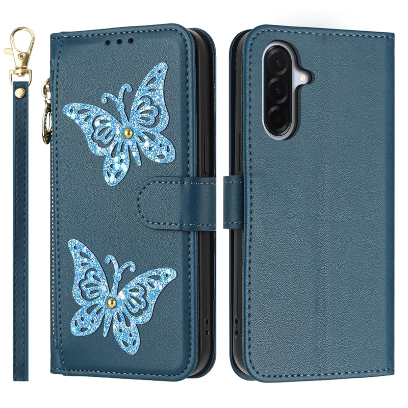 Capa para Samsung Galaxy A17 4G / A17 5G com Borboleta Brilhante, Bolso com Zíper, Suporte, Capa em Couro para Telemóvel com Alça de Mão / Alça de Ombro - Azul