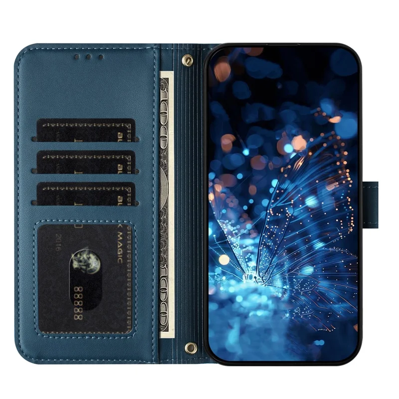 Capa para Samsung Galaxy A17 4G / A17 5G com Borboleta Brilhante, Bolso com Zíper, Suporte, Capa em Couro para Telemóvel com Alça de Mão / Alça de Ombro - Azul