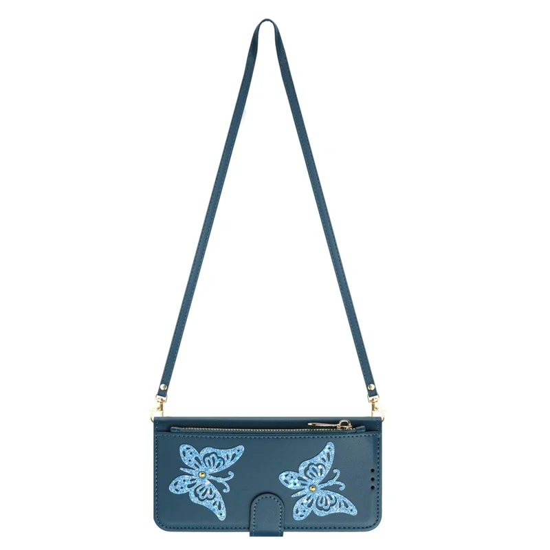 Capa para Samsung Galaxy A17 4G / A17 5G com Borboleta Brilhante, Bolso com Zíper, Suporte, Capa em Couro para Telemóvel com Alça de Mão / Alça de Ombro - Azul