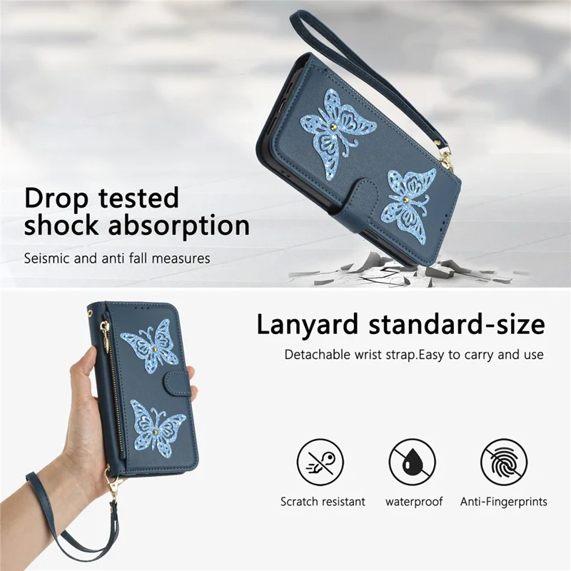 Capa para Samsung Galaxy A17 4G / A17 5G com Borboleta Brilhante, Bolso com Zíper, Suporte, Capa em Couro para Telemóvel com Alça de Mão / Alça de Ombro - Azul