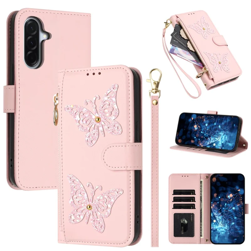 For Samsung Galaxy A37 5G Case Glitter Butterfly Zipper Pocket Stand Leather Phone Cover with Hand Strap / Shoulder Strap - Pink