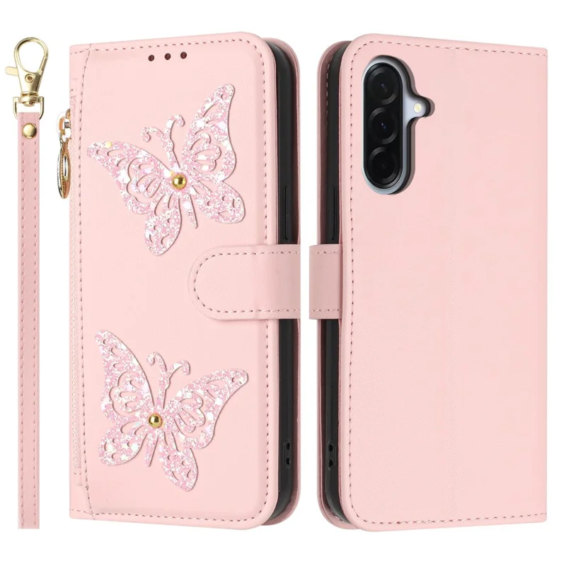 For Samsung Galaxy A37 5G Case Glitter Butterfly Zipper Pocket Stand Leather Phone Cover with Hand Strap / Shoulder Strap - Pink