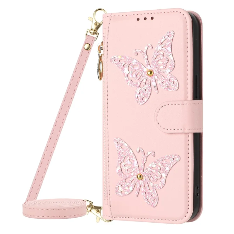 For Samsung Galaxy A37 5G Case Glitter Butterfly Zipper Pocket Stand Leather Phone Cover with Hand Strap / Shoulder Strap - Pink