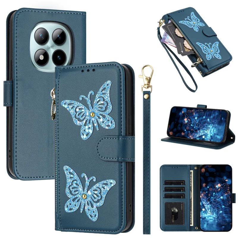 Til Xiaomi Redmi Note 15 Pro 4G (Global) Task Glitter Butterfly med lynlåsefag, stander og læderdæksel med håndloe/skuldertov - Blå