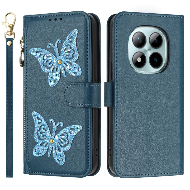Til Xiaomi Redmi Note 15 Pro 4G (Global) Task Glitter Butterfly med lynlåsefag, stander og læderdæksel med håndloe/skuldertov - Blå