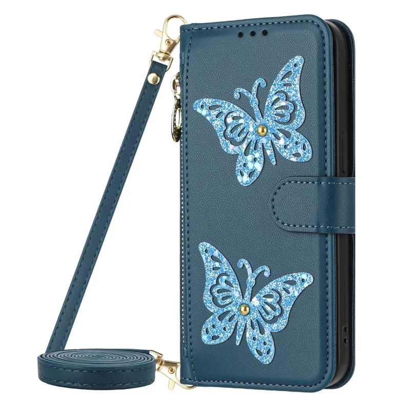 Til Xiaomi Redmi Note 15 Pro 4G (Global) Task Glitter Butterfly med lynlåsefag, stander og læderdæksel med håndloe/skuldertov - Blå