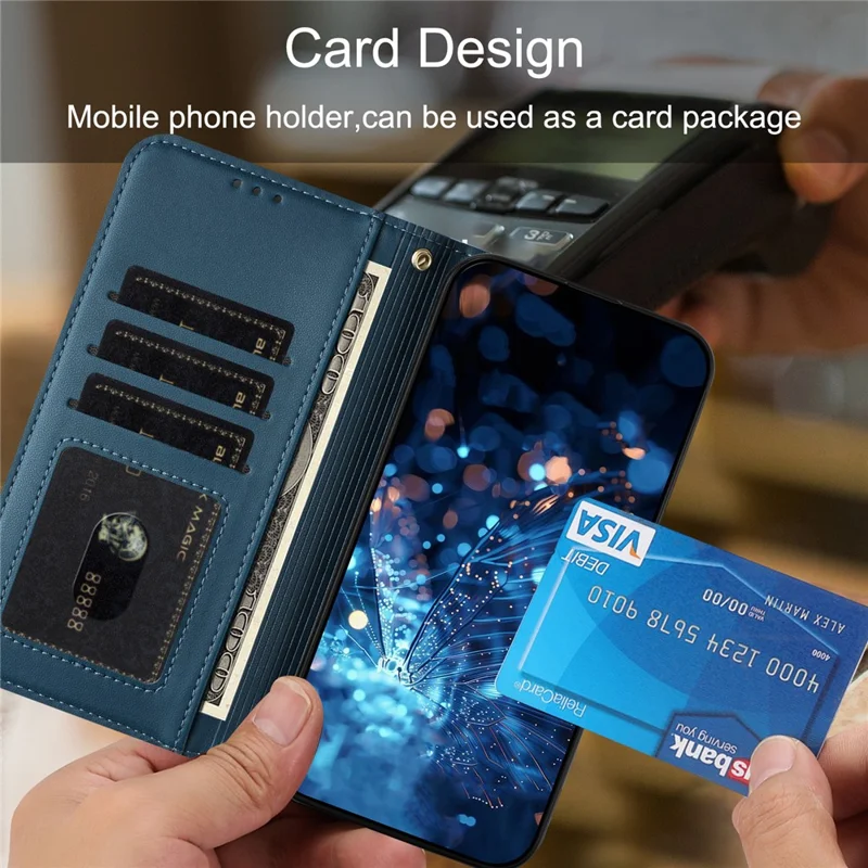 Til Xiaomi Redmi Note 15 Pro 4G (Global) Task Glitter Butterfly med lynlåsefag, stander og læderdæksel med håndloe/skuldertov - Blå