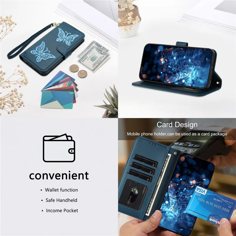Til Xiaomi Redmi Note 15 Pro 4G (Global) Task Glitter Butterfly med lynlåsefag, stander og læderdæksel med håndloe/skuldertov - Blå