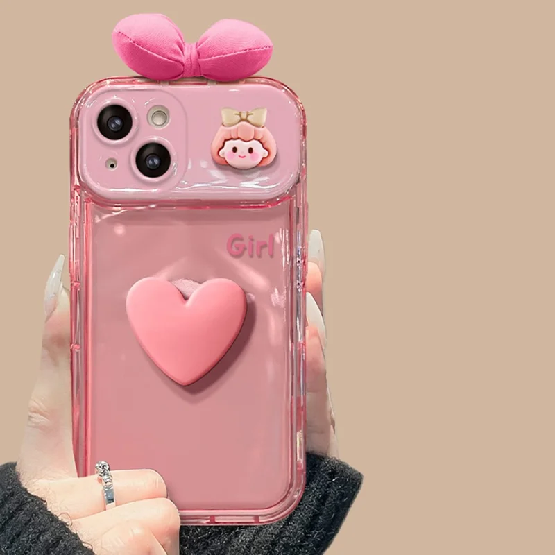 Für iPhone 15 Hülle mit Klappe, Spiegel, 3D-Herz, Schmetterlings-Schleife, Cartoon, TPU + PC, Schutzhülle – Pink