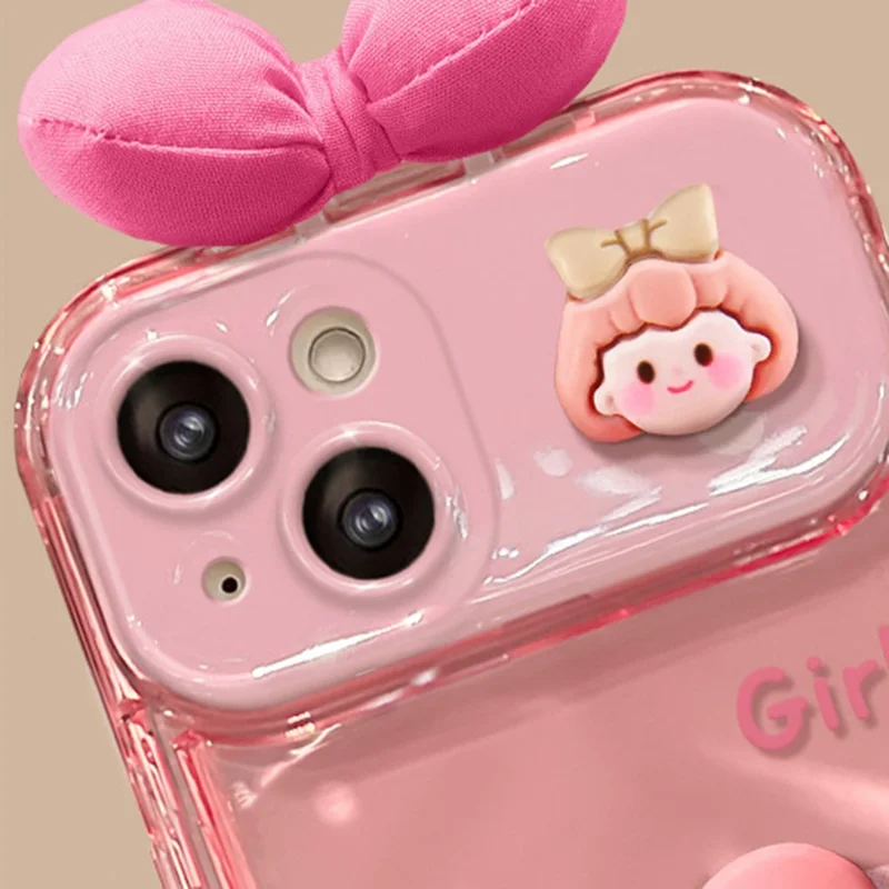 Für iPhone 15 Hülle mit Klappe, Spiegel, 3D-Herz, Schmetterlings-Schleife, Cartoon, TPU + PC, Schutzhülle – Pink