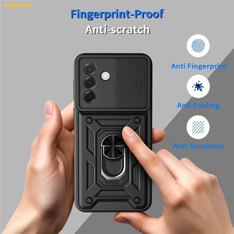 AMORUS pour Samsung Galaxy A27 Étui Support Pivotant PC + TPU Housse de Téléphone avec Curseur d'Objectif - Noir