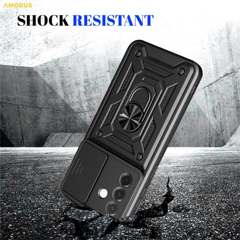 AMORUS pour Samsung Galaxy A27 Étui Support Pivotant PC + TPU Housse de Téléphone avec Curseur d'Objectif - Noir
