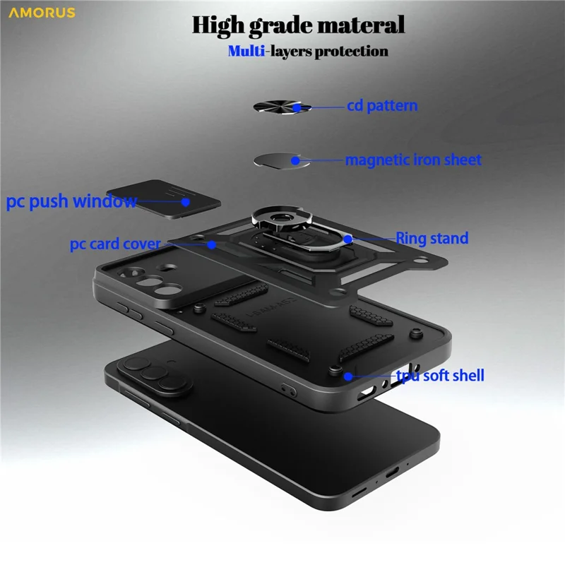 AMORUS pour Samsung Galaxy A27 Étui Support Pivotant PC + TPU Housse de Téléphone avec Curseur d'Objectif - Noir
