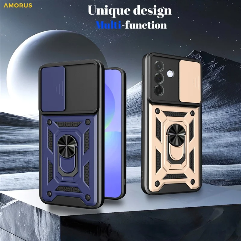 AMORUS pour Samsung Galaxy A27 Étui Support Pivotant PC + TPU Housse de Téléphone avec Curseur d'Objectif - Noir