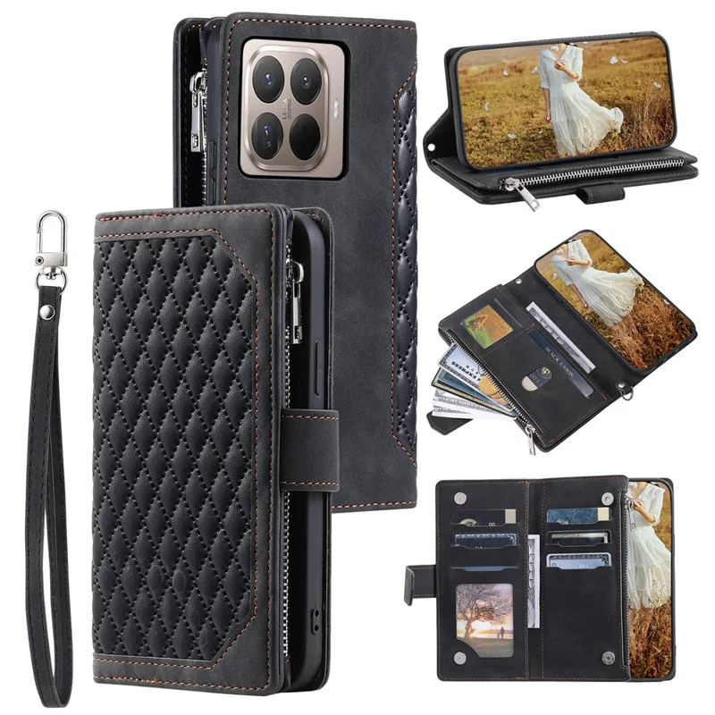 For Xiaomi 17T Wallet Case Rhombus Stitching Line PU Leather Phone Cover with Wrist Strap - Black
