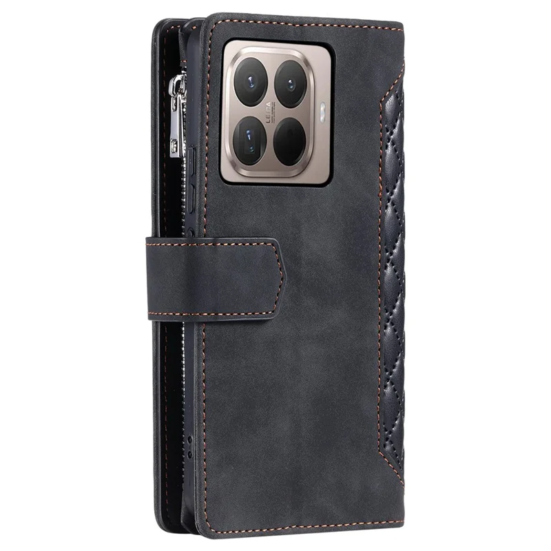 For Xiaomi 17T Wallet Case Rhombus Stitching Line PU Leather Phone Cover with Wrist Strap - Black