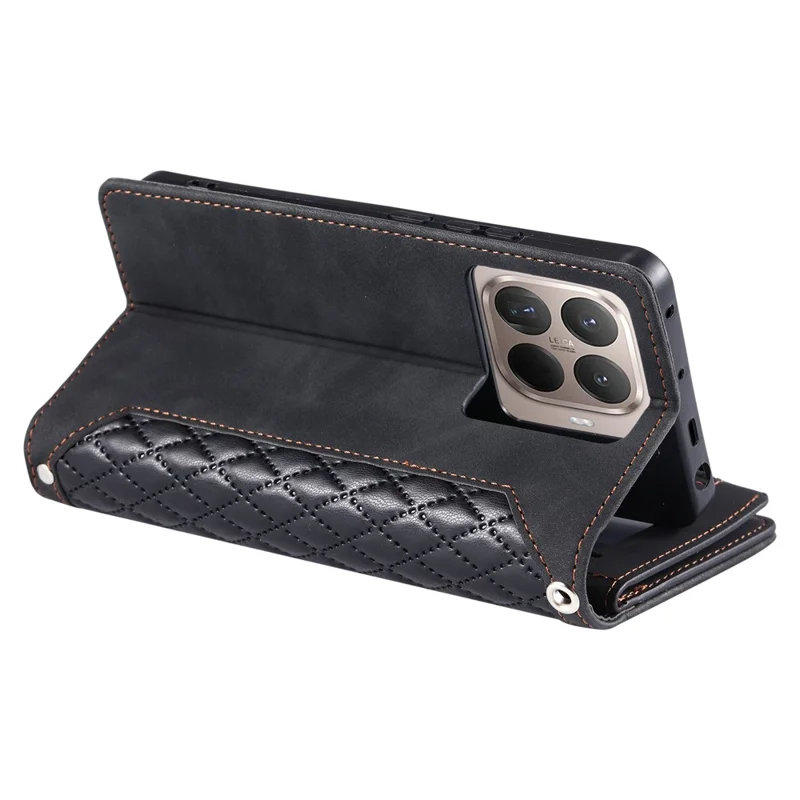 For Xiaomi 17T Wallet Case Rhombus Stitching Line PU Leather Phone Cover with Wrist Strap - Black