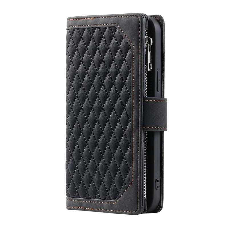 For Xiaomi 17T Wallet Case Rhombus Stitching Line PU Leather Phone Cover with Wrist Strap - Black