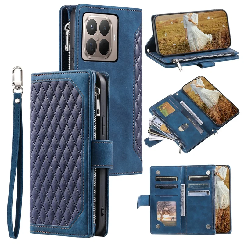 Étui portefeuille pour Xiaomi 17T, motif de surpiqûres losange, housse en cuir PU avec dragonne - Bleu