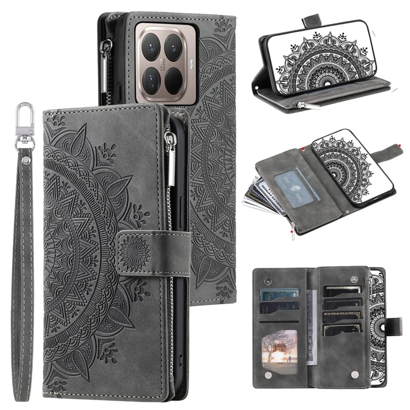 Funda tipo cartera para Xiaomi 17T, funda con diseño de flor mandala en cuero PU con correa para la muñeca - Gris